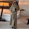 Camel Lapel Collar Coat Women Maxi Brushed Fuzzy Wool Self Tie Belt Waist Cinched Jacket Oversized Chic Autumn Winter Outerwear