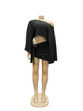 Sexy 2 Piece Set Women Skew Collar Loose Crop Tops+Ruched Knot Ribbon Skirt Matching Beach Vacation Party Club Suit