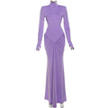Sexy Backless Long Dress For Women Turtleneck Evening Party Ruched Dress Elegant Solid Long Sleeve Streetwear Maxi Dress