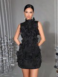 Spliced Appliques Elegant Dresses For Women Stand Collar Sleeveless High Waist Patchwork Zipper Mini Dress Female