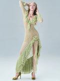 Ruffled Irregular Hem Dress Women Fashion Jacquard Ribbon Patchwork Full Sleeve Sexy Hottie Vacation Party Bodycon