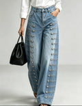 Women Denim Jeans High Waist Metal Button Decor Wide Leg Floor Length Streetwear Casual Trousers Autumn