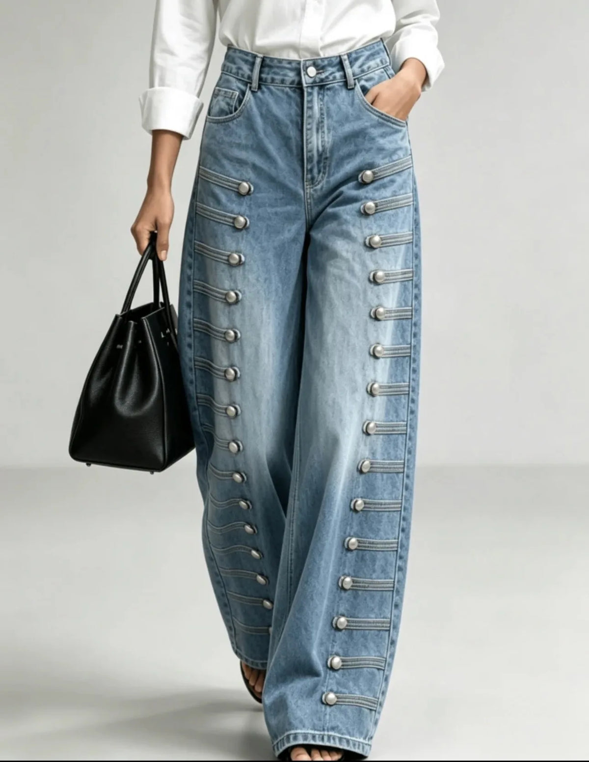 Women Denim Jeans High Waist Metal Button Decor Wide Leg Floor Length Streetwear Casual Trousers Autumn