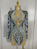 Sparkly Rhinestones Sexy Mesh Transparent Mini Dress Eveing Birthday Party Dance Nightclub Fashion Show Stage Costumes