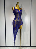 Sparkly Crystal Diamond Gold Sexy See-Through Sheath Dress Nightclub Performance Custome Stage Wear Birthday Evening Party Dress