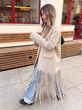 Beige Woolen Lapel Collar Fringe Hem Oversized Long Coats Chic Long Sleeve Warm Jackets Winter Daily Street Lady Outerwear 2026