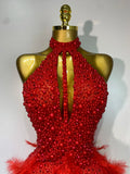 Sexy Halter Backless Feather Pearl Short Party Dress Women Luxury Rhinestone Celebrate Birthday Outfit Performance Dance Costume