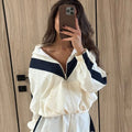 Color Block Zip Up Two Piece Set Women Long Sleeve Stand Collar Cropped Jacket High Waist Shorts 2026 Spring Summer Casual Suit