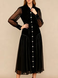 Elegant Patchwork Beading Formal Party Dresses for Women O Neck Long Sleeve Spliced Sheer Mesh Midi Dress Female Clothing