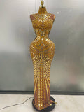 Luxury Shiny Mirror Rhinestones Hollowed-out Long Dress 2026Women Celebrity Evening Party Catwalk Prom Stage Photo Shoot Dresses