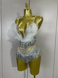 2026 New Sexy Nightclub Bar DJ Performance Dancer Stage Costume Sparkly Rhinestones Feathers Tassels Mesh See Through Bodysuits