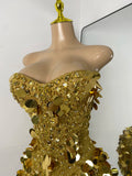 Sparkly Sequins Diamonds Women Sexy Mesh Strapless Short Sleeveless Gold Party Nightclub Performance Costume Stage Wear