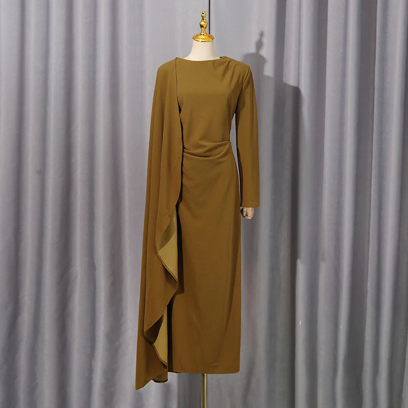 Fashion Temperament Maxi Dress for Women O Neck Spliced Shawl Long Sleeve High Waist Spliced Zip Evening Dress Female Autumn