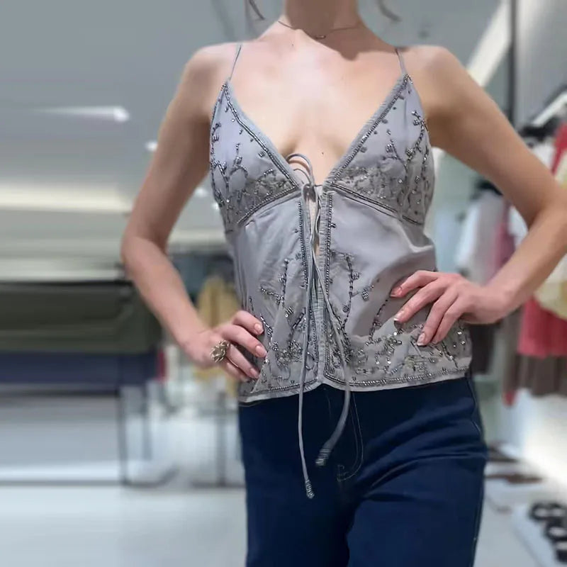 Sexy Sequined Women's Sling Top Irregular Hem Pleated V-neck Sleeveless Backless Vest 2026 Summer Lady Beach Chic Camisole
