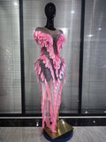 Pink Golden Women Sexy Mesh See Through Bodycon Long Dress 3D Leaves Celebrate Birthday Photoshoot Performance Costumes Wear