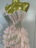 Sexy Strapless Mesh Ruffled Pink Long Dress Sparkly Diamond Birthday Evening Party PhotoShoot SeeThrough Nightclub Stage Costume