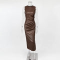 Sleeveless Leather Maxi Dress For Women Tight Pleated Sexy Hip-Hugging Dress Vestido Solid High Waist Party Female Dress