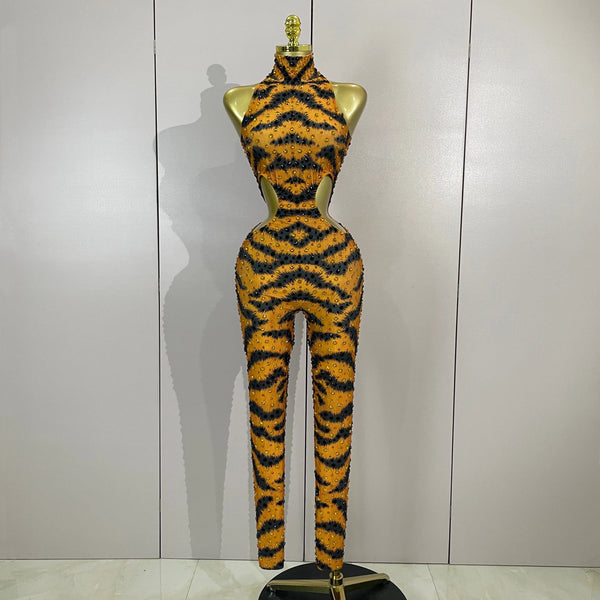 Celebrity Evening Party Nightclub Stage Performance Outfit Sexy Sparkly Rhinestone Tiger Pattern Tight Fitting Stretch Jumpsuit