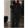 White Stripe 2 Piece Tracksuit Women Stand Collar Zip Jacket And Elastic Waist Wide Leg Pants Set Sporty Casual Matching Outfit
