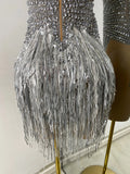 Sexy Mesh See Through Bodysuit Women Glitter Rhinestones Tassel Sleeveless Performance Dance Costume Nightclub Bar Stage Wear