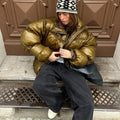 Stand Neck Glossy Surface Padded Cotton Short Coat Women Full Sleeve Thicken Pockets Jackets Coat Female Winter Chic Streetwear