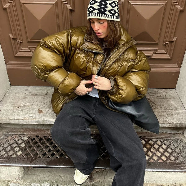 Stand Neck Glossy Surface Padded Cotton Short Coat Women Full Sleeve Thicken Pockets Jackets Coat Female Winter Chic Streetwear