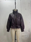 Elastic Drawstring Leather Jacket Zipper Stand Collar Long Sleeved Short Jackets Lady 2026 Autumn Women Chic Street Outerwear