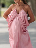 Elegant Backless Evening Dress for Women V Neck Sleeveless High Waist Patchwork Folds Loose Maxi Dresses Female New