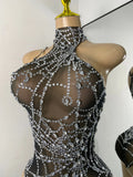 Women Sexy Sparkly Rhinestone Halter Mesh See Through Bodysuit Nightclub Performance Dance Costume Singer Stage Wear
