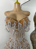 Luxury Pearls Sparkly Rhinestones Women Sexy Off Shoulder Mesh See Through Mini Bodycon Birthday Dress Party Performance Costume