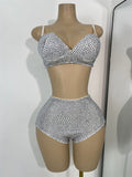 Women's Rhinestones Top Shorts Sets Nightclub Show Three Pieces Outfit Nightclub Performance Singer Dance Costume Stage Wear