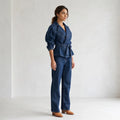 Women Dark Blue Denim Sets Vintage Lapel Belted Peplum Long Sleeve Cuff Top Wide Leg Pants Outfit 2026 Lady Autumn Chic Suits