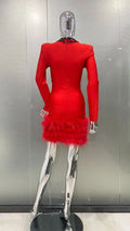 2026 Luxury Ostrich Feather Glam Hollow Red Bandage Dress Christmas Party Dinner Performance Wear Cocktail Formal Evening Gown