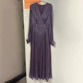 French Retro Vacation Dress for Women V Neck Lantern Sleeve Spliced Bead Square Scarf Tunic Temperament Long Dresses Female