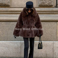 Trendy 2026 Winter Hot Chocolate Brown Peplum Fur Jacket Women Vintage Fashion Fluffy Faux Fox Fur Coat Long Outerwear