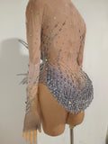 Sexy Sparkling Crystal Bodysuit Long Sleeve See Through Mesh JumpsuitEvening Party Bar Dancer Stage Wear For Female Singer