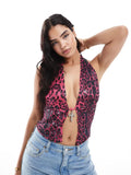 Women's Leopard Sequin Halter Cami Top Fashion V-neck Sleeveless Backless Slim Tank Blouse Lady 2026 Summer Sexy Y2k Streetwear