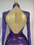 Sexy Mesh See Through Purple Long Sleeves Mini Dress Luxury Sparkly Diamond Birthday Evening Party Nightclub Team Stage Costume