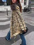 Women Vintage Tiger Print Long Coat Large Fluffy Fur Collar Waist Tie Belted Wrap Coat 2026 Winter Fashion Elegant Outerwear