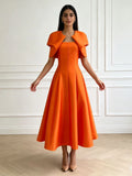 Retro Solid Color Satin Fake Two Piece Shawl Long Dress 2026 New Women'S High Waisted Dress Elegant Dinner Gown