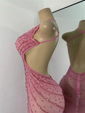 Luxury Rhinestones Pink Elegant Princess Long Dress Design Women Sexy Mesh Split Backless See Through Dresses For Special Events