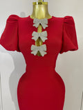 Shiny Bow Sexy Cut Out Short Sleeve Red Bodycon Bandage Long Dress Women Evening Party Celebrate Birthday Knitted Club Prom Gown