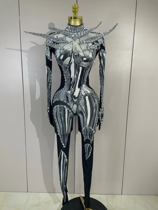 Sexy Sparkle Diamond Long Sleeves Printed Stretch Jumpsuit Eveing Birthday Party Luxury NightClub Stage Costume Festivals Outfit