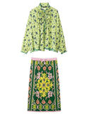 Bow Tie Neck Women Floral Print Set Long Puff Sleeve Cuff Trim Loose Blouse Vibrant Ethnic Midi Skirt Straight Hem Street Daily