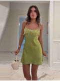 Women Chic Lime Green Satin Slip Skirt Sexy Sequin Fringe Bust Spaghetti Strap Bodycon Mini Dress Summer Party Vacation Wear New