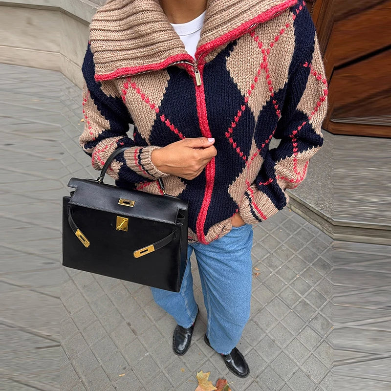 Women Color Block Argyle Knitted Cardigan Lapel Collar Zip Loose Long Sleeve Sweater 2026 Fashion Autumn Retro Casual Outerwear