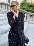 Sexy V-neck Polka Dot Long Dress Women Middle Sleeve Waist-cinching Slit Maxi Dresses Female Summer Chic Evening Party Dresses