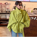 Women Short Trench Coat Lapel Collar Belt Waist Cinched Oversized Long Sleeve Windbreaker Jacket Shoulder Epaulets Spring Autumn
