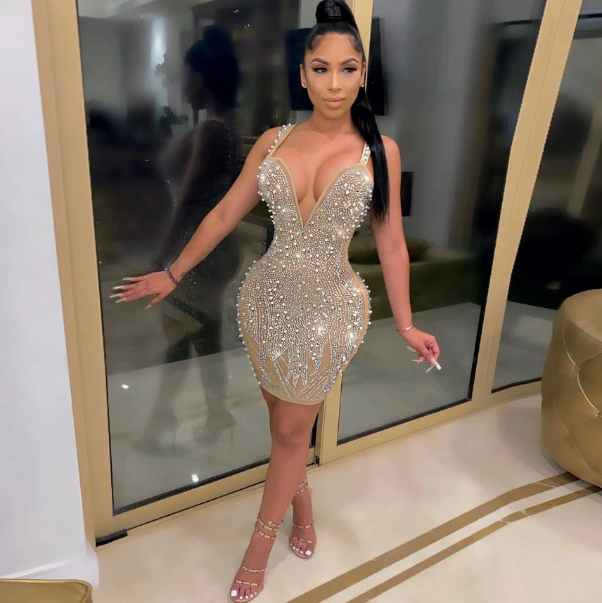 Sexy Pearl Beading Rhinestone Dress Women Luxury Nightclub Party Birthday Appliques Rhinestones Summer Dress Women 2025