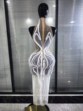 White Shining Rhinestones Women Sexy Off the Shoulder Mesh See Through Bodycon Long Dress Nightclub Party Performance Costumes